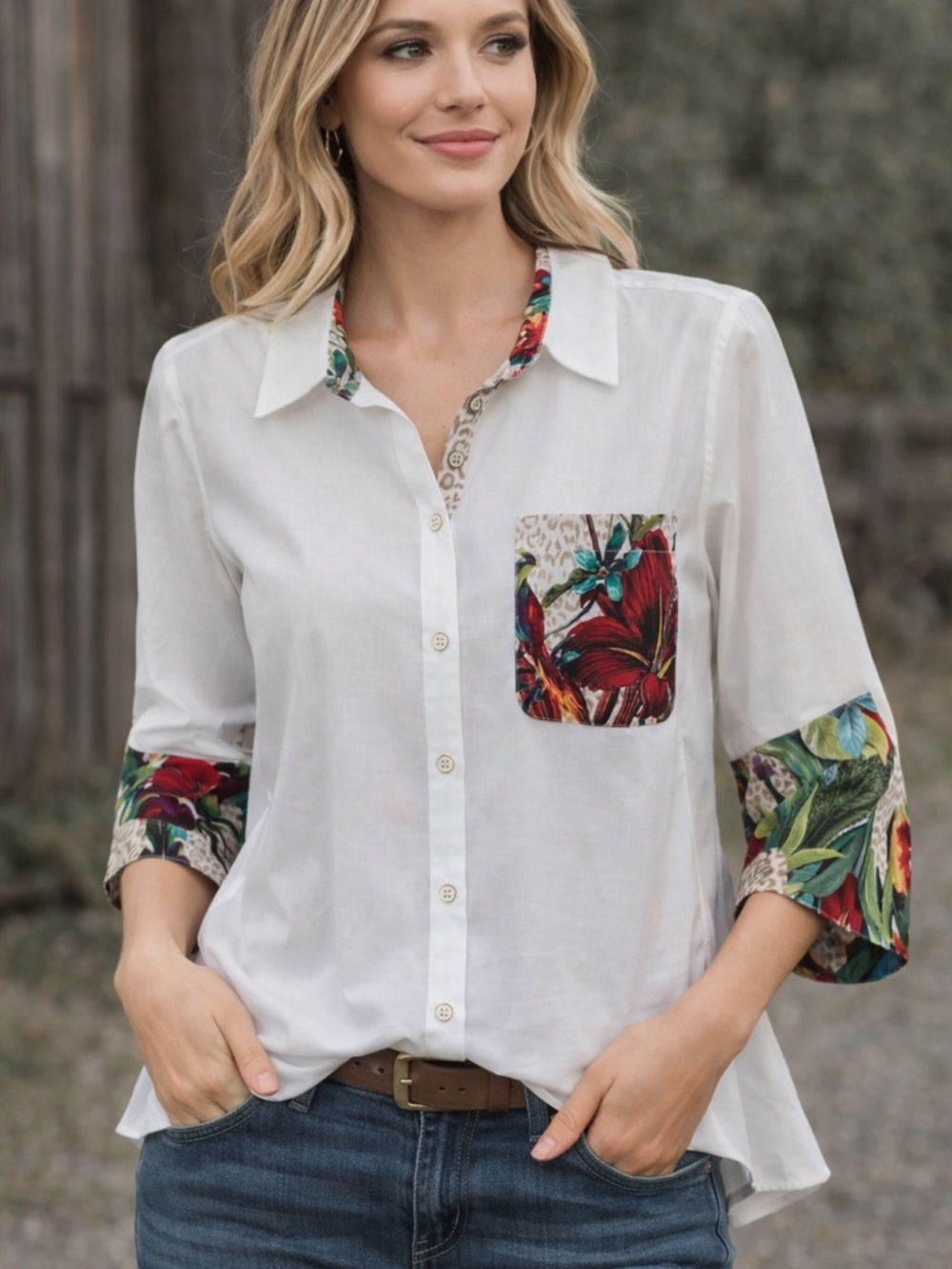 Chico's White Button Down Shirt with Floral Accents